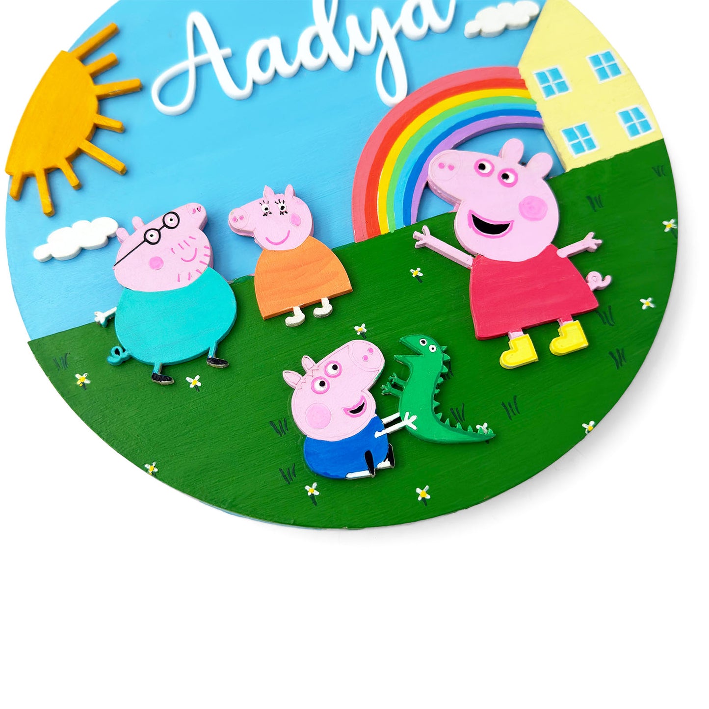 Peppa Pig Themed Hand-Painted Wooden Round Kids Name Plate - Design 1