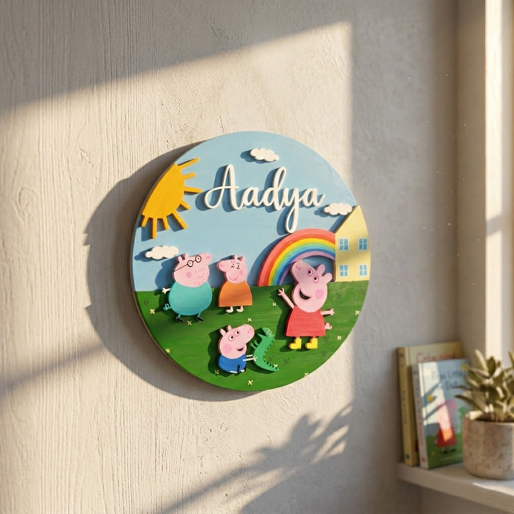 Peppa Pig Themed Hand-Painted Wooden Round Kids Name Plate - Design 1