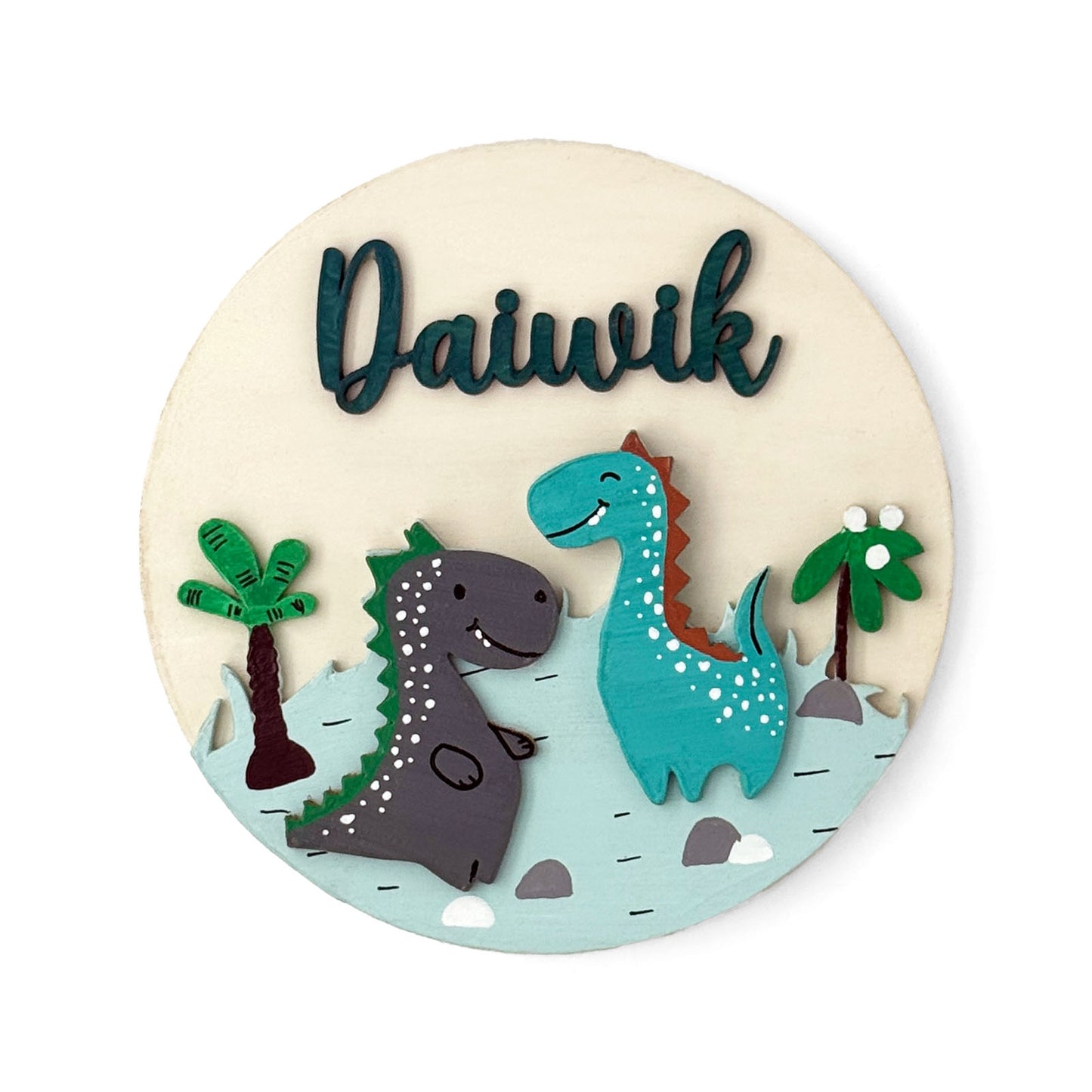 Dinosaur Themed Hand-Painted Wooden Round Kids Name Plate - Design 1