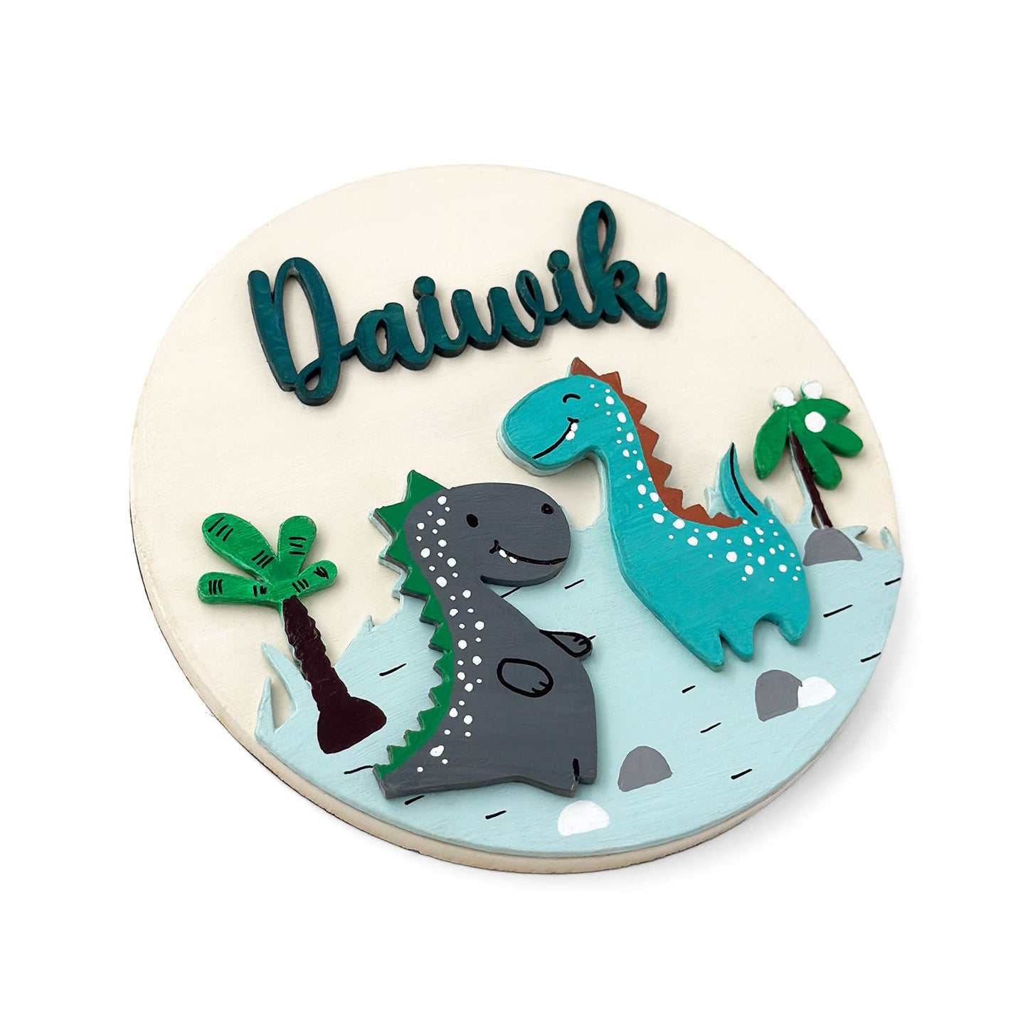 Dinosaur Themed Hand-Painted Wooden Round Kids Name Plate - Design 1
