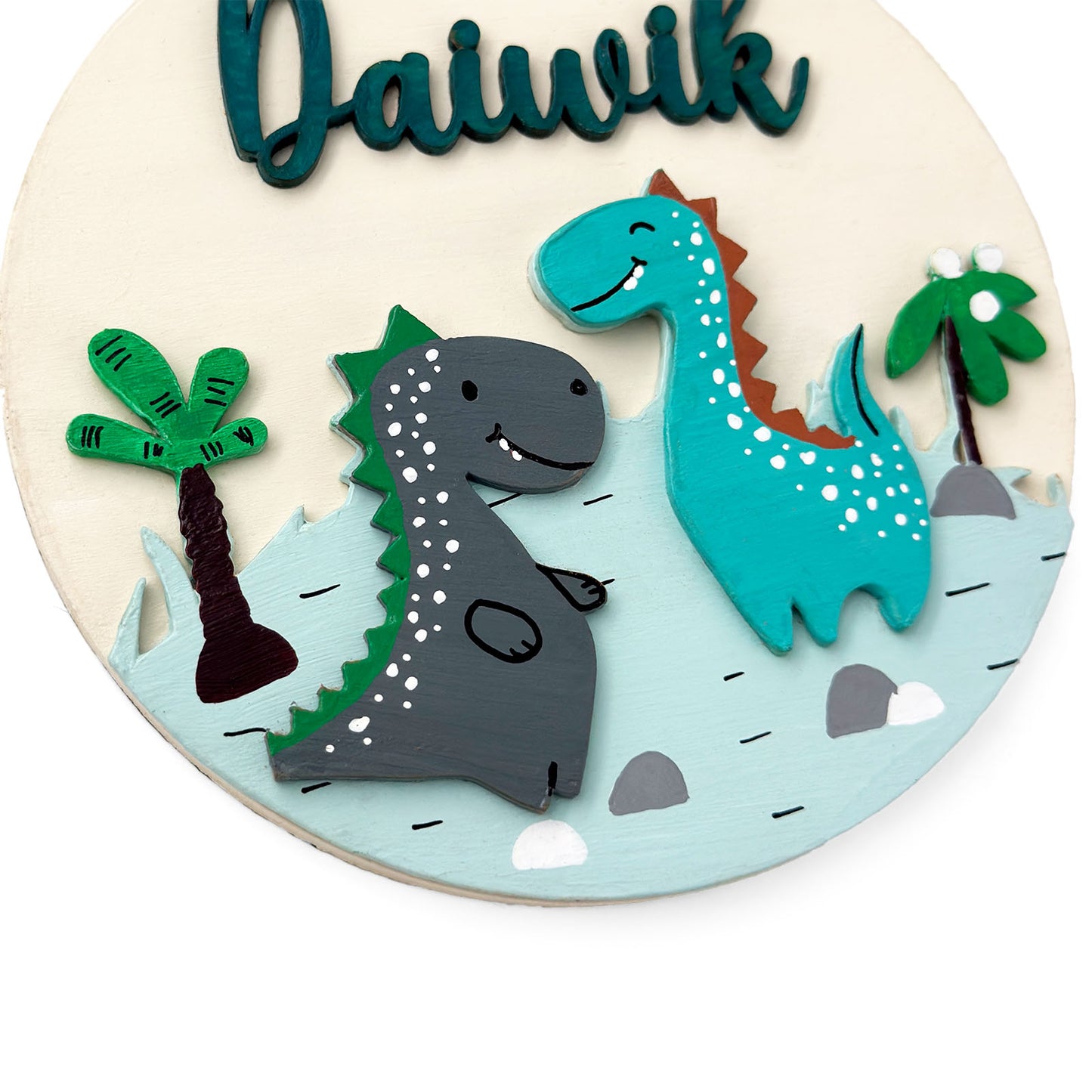 Dinosaur Themed Hand-Painted Wooden Round Kids Name Plate - Design 1