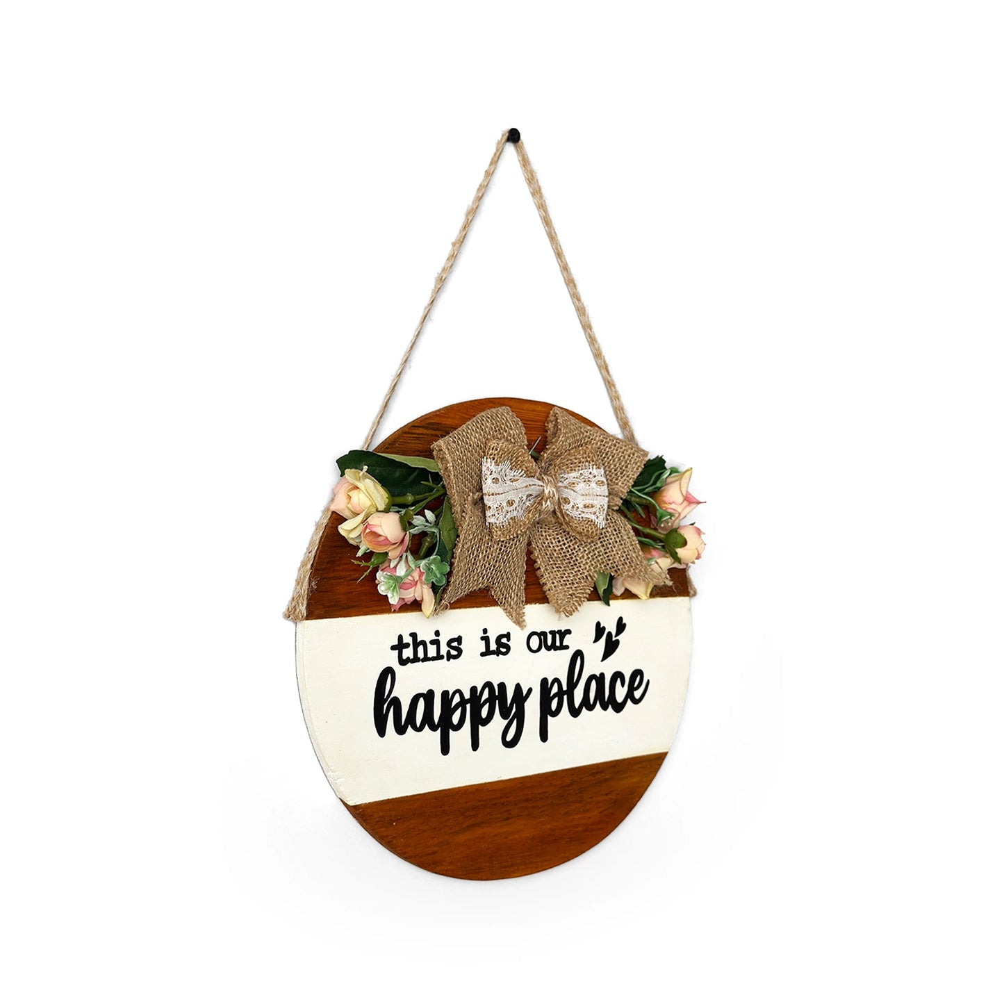 This Is Our Happy Place Hand-Painted Wooden Door Hanger - White & Wooden Finish