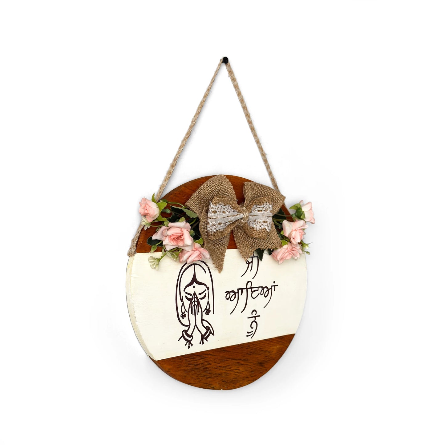 Welcome In Punjabi Hand-Painted Wooden Door Hanger