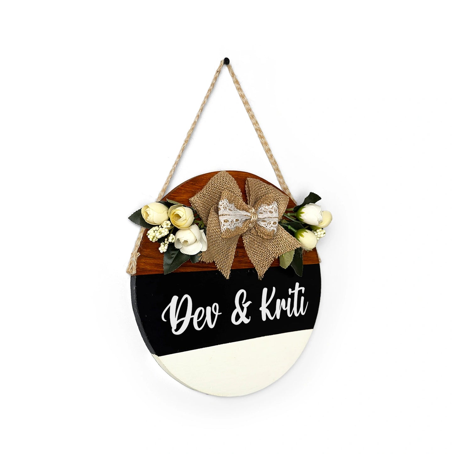 Personlised Hand-Painted Wooden Door Hanger - Black, White, & Wooden Finish