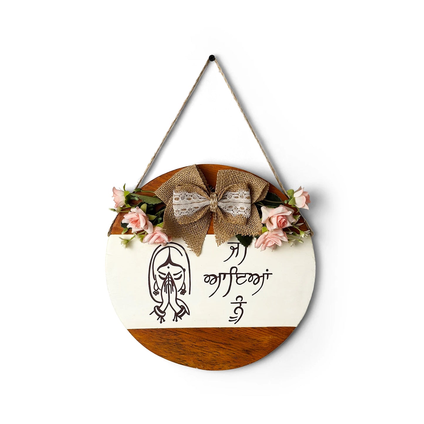 Welcome In Punjabi Hand-Painted Wooden Door Hanger