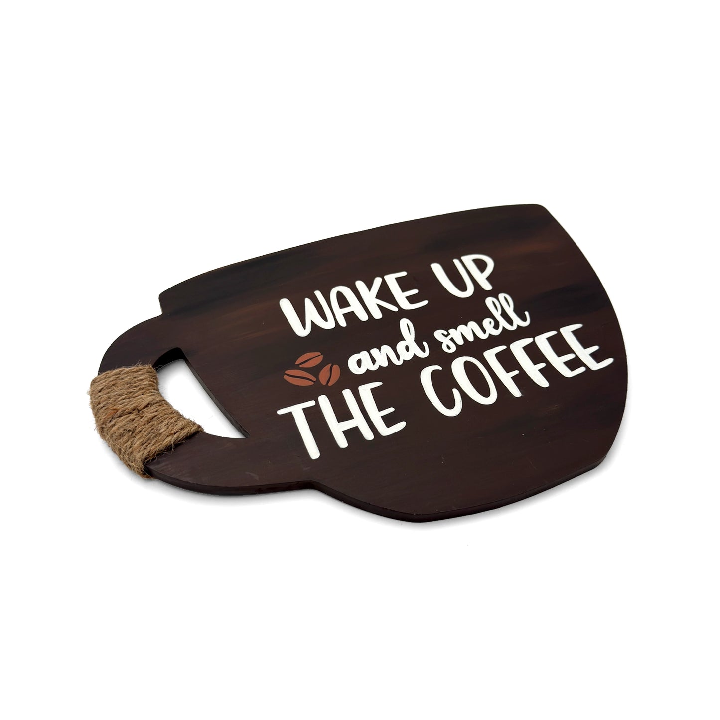 Wake Up And Smell The Coffee Hand-Painted Wooden Cup Kitchen Wall Hanging - Dark Brown