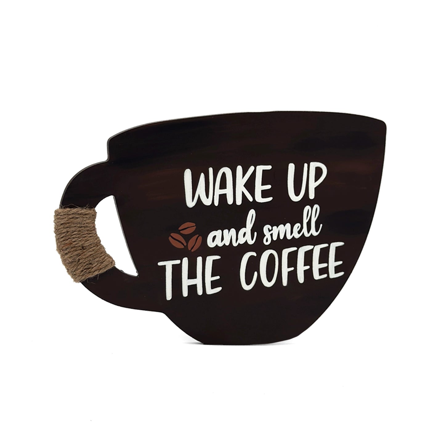 Wake Up And Smell The Coffee Hand-Painted Wooden Cup Kitchen Wall Hanging - Dark Brown