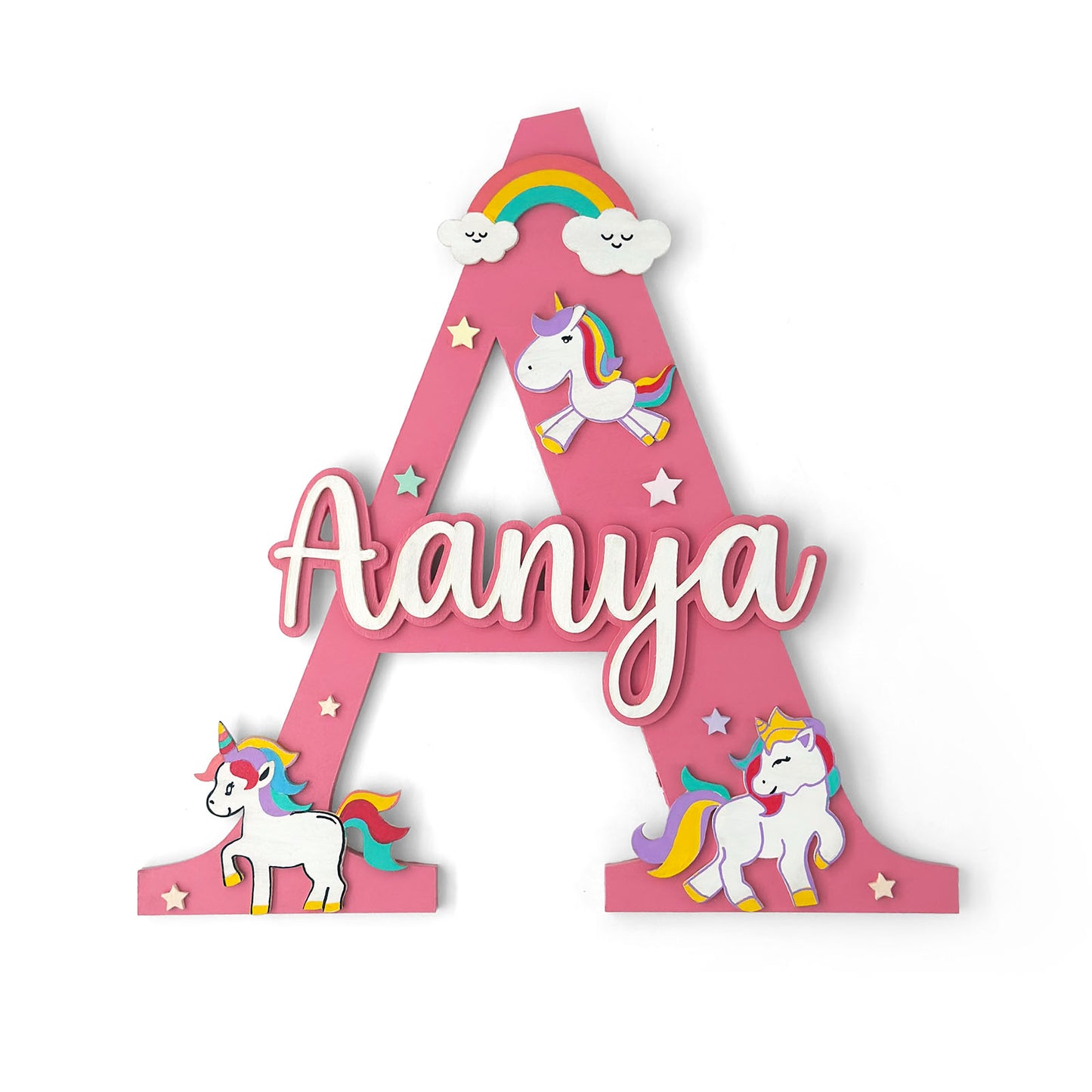 Unicorn Themed Layered Alphabet Initial Hand-Painted Wooden Kids Name Plate Design 1