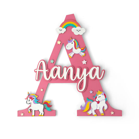 Unicorn Themed Layered Alphabet Initial Hand-Painted Wooden Kids Name Plate Design 1
