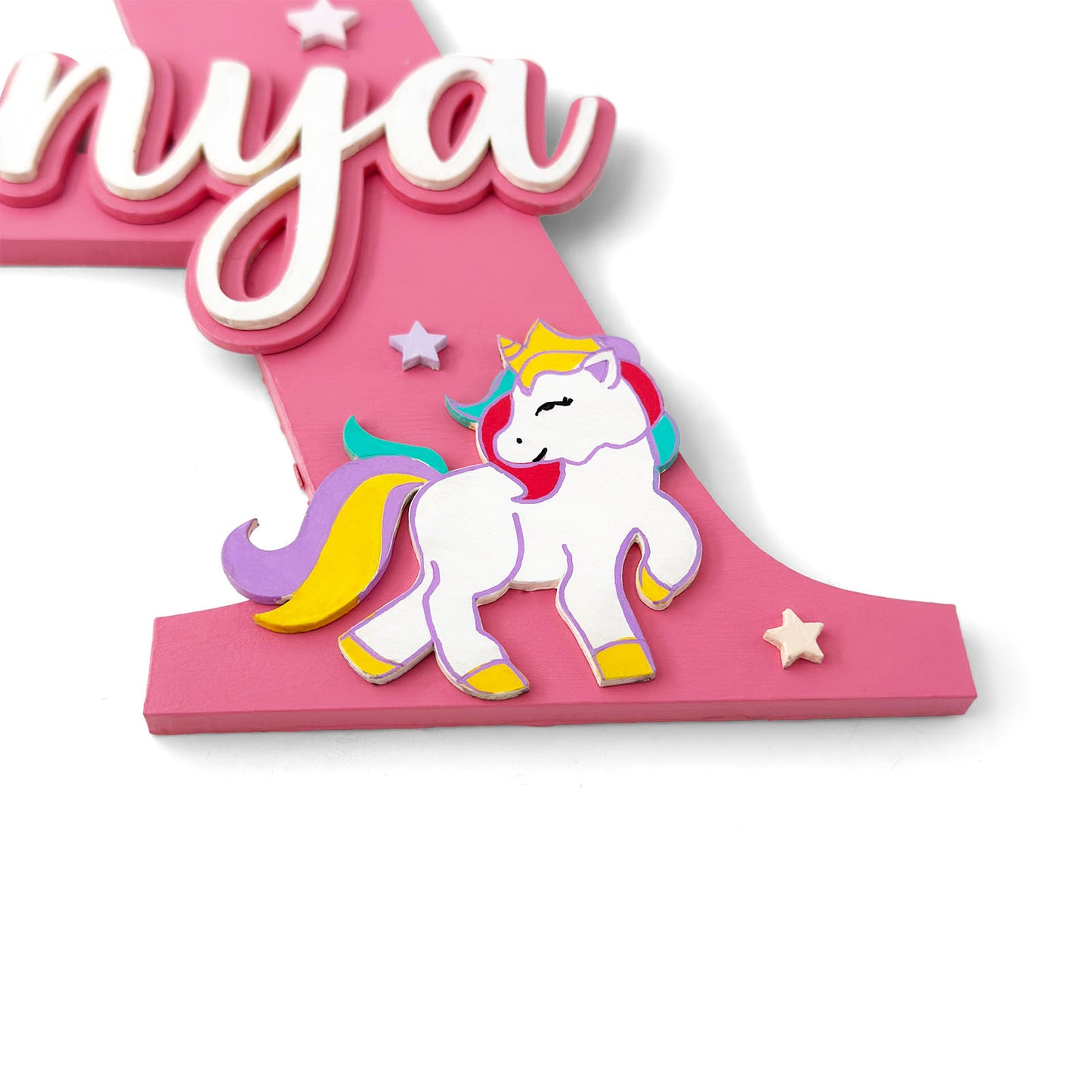 Unicorn Themed Layered Alphabet Initial Hand-Painted Wooden Kids Name Plate Design 1