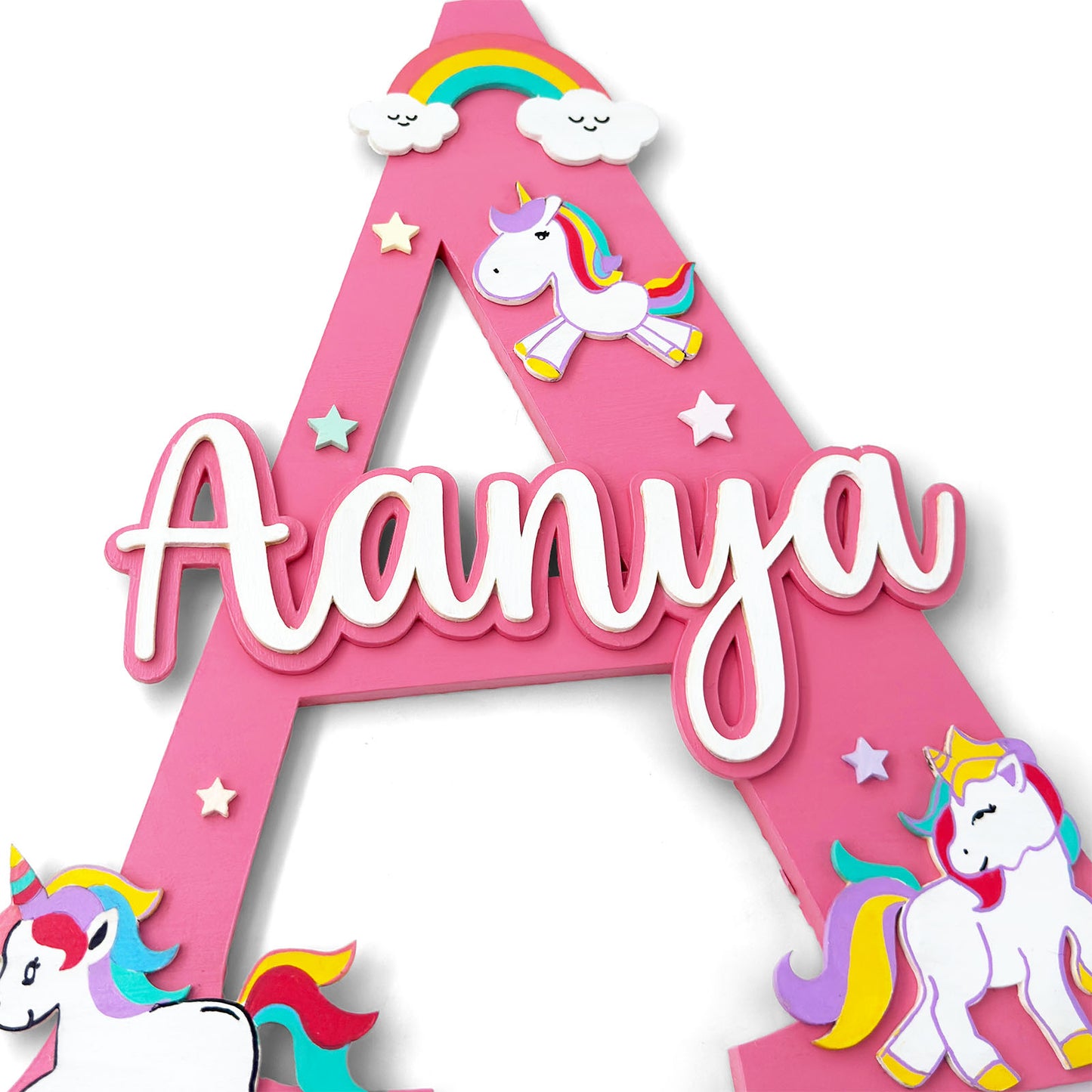 Unicorn Themed Layered Alphabet Initial Hand-Painted Wooden Kids Name Plate Design 1