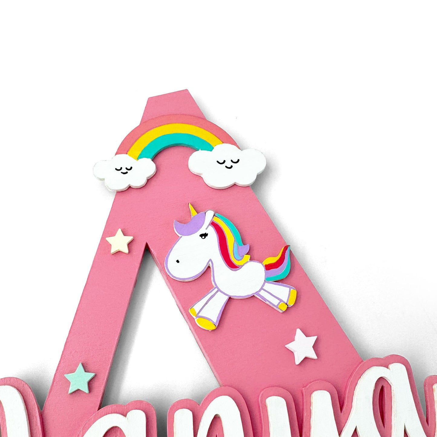Unicorn Themed Layered Alphabet Initial Hand-Painted Wooden Kids Name Plate Design 1