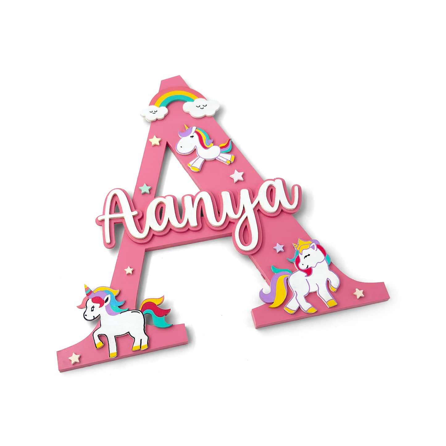 Unicorn Themed Layered Alphabet Initial Hand-Painted Wooden Kids Name Plate Design 1