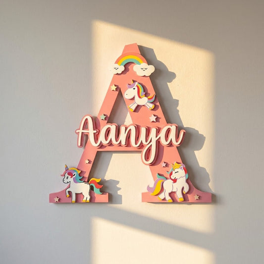 Unicorn Themed Layered Alphabet Initial Hand-Painted Wooden Kids Name Plate Design 1