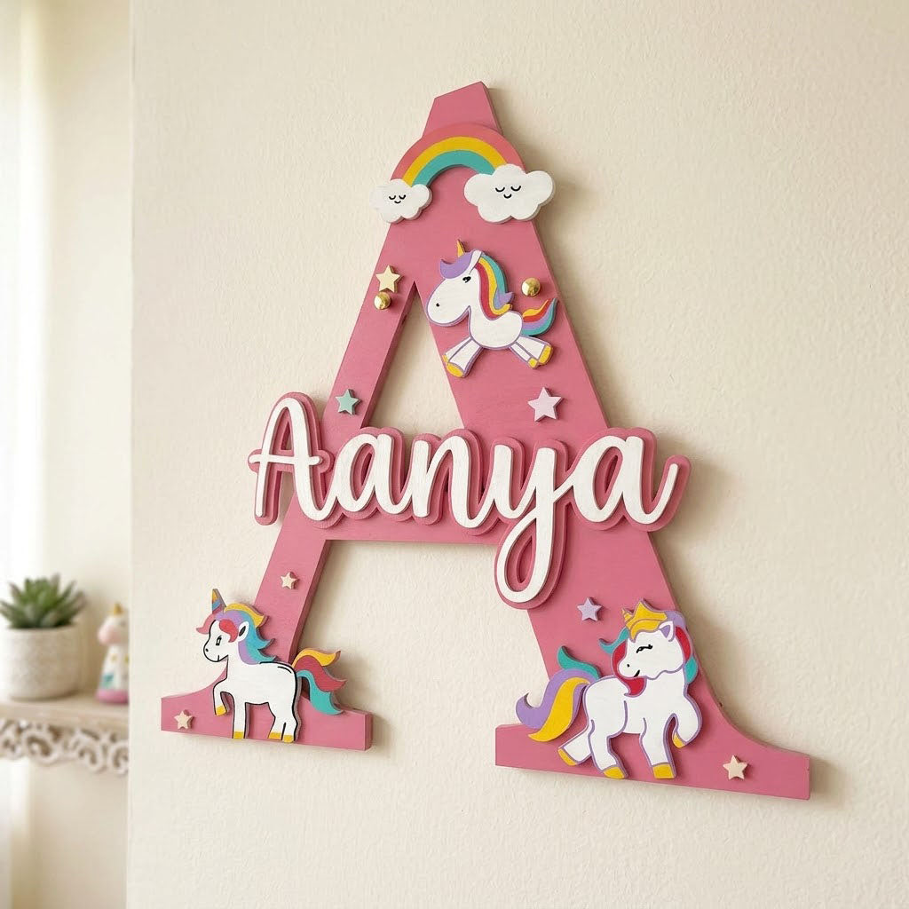 Unicorn Themed Layered Alphabet Initial Hand-Painted Wooden Kids Name Plate Design 1