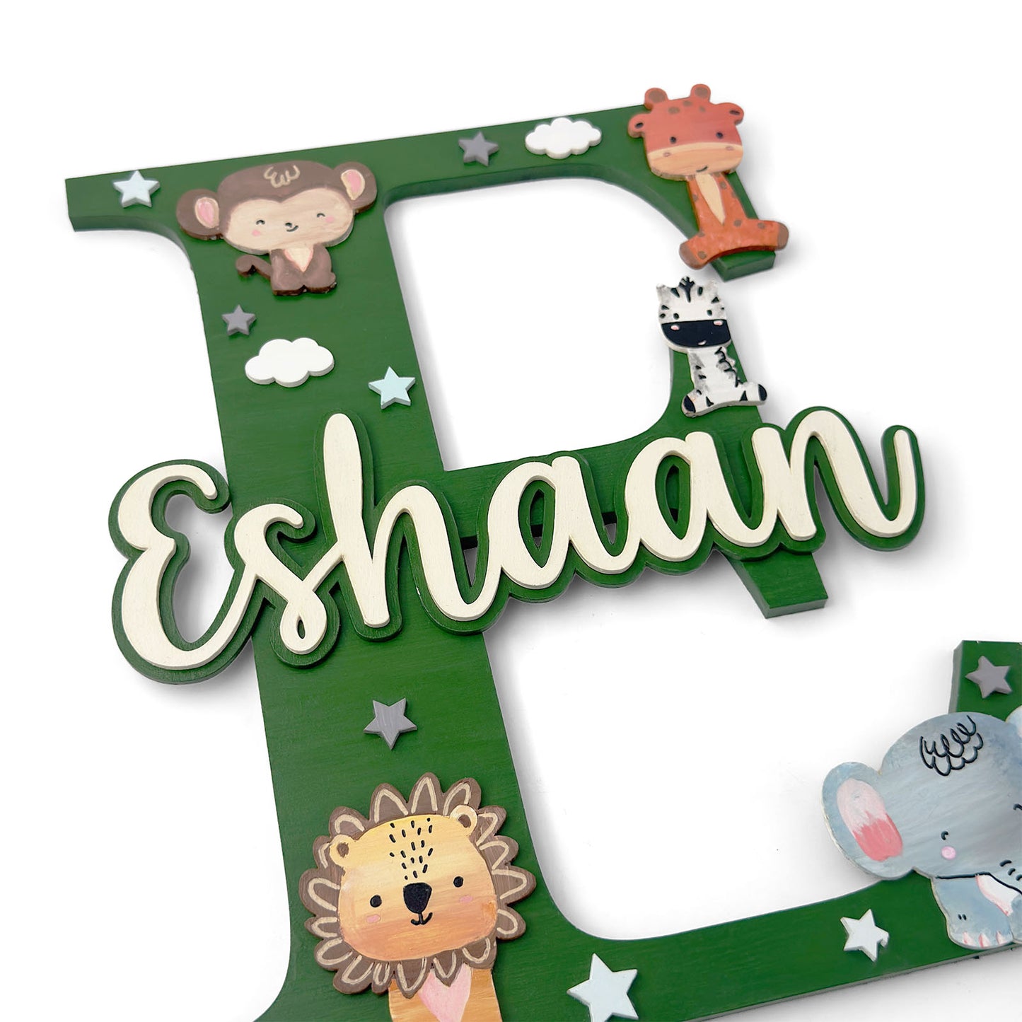 Animal  Themed Layered Alphabet Initial Hand-Painted Wooden Kids Name Plate Design 1