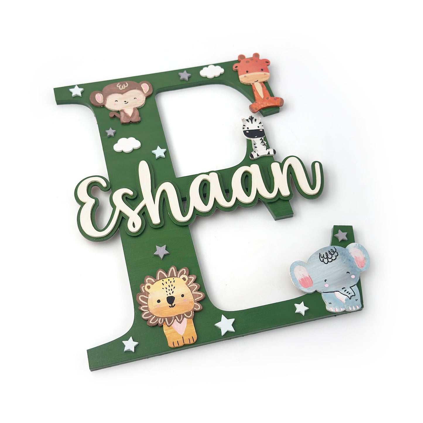 Animal  Themed Layered Alphabet Initial Hand-Painted Wooden Kids Name Plate Design 1