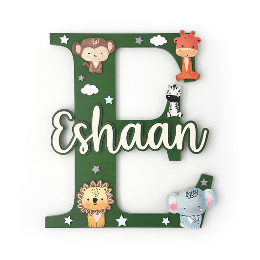 Animal  Themed Layered Alphabet Initial Hand-Painted Wooden Kids Name Plate Design 1