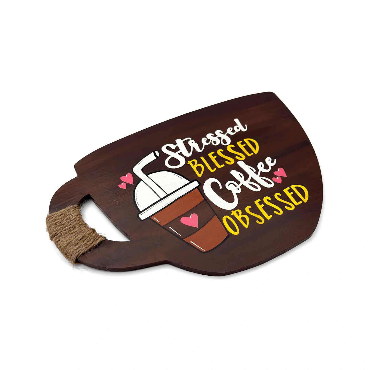 Stressed Blessed Coffee Obsessed Hand-Painted Wooden Cup Kitchen Wall Hanging - Dark Brown