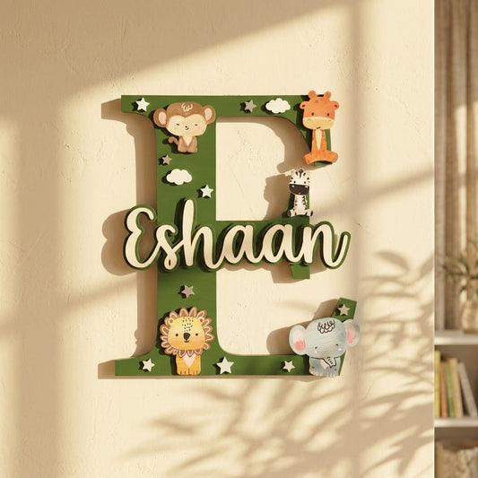 Animal  Themed Layered Alphabet Initial Hand-Painted Wooden Kids Name Plate Design 1