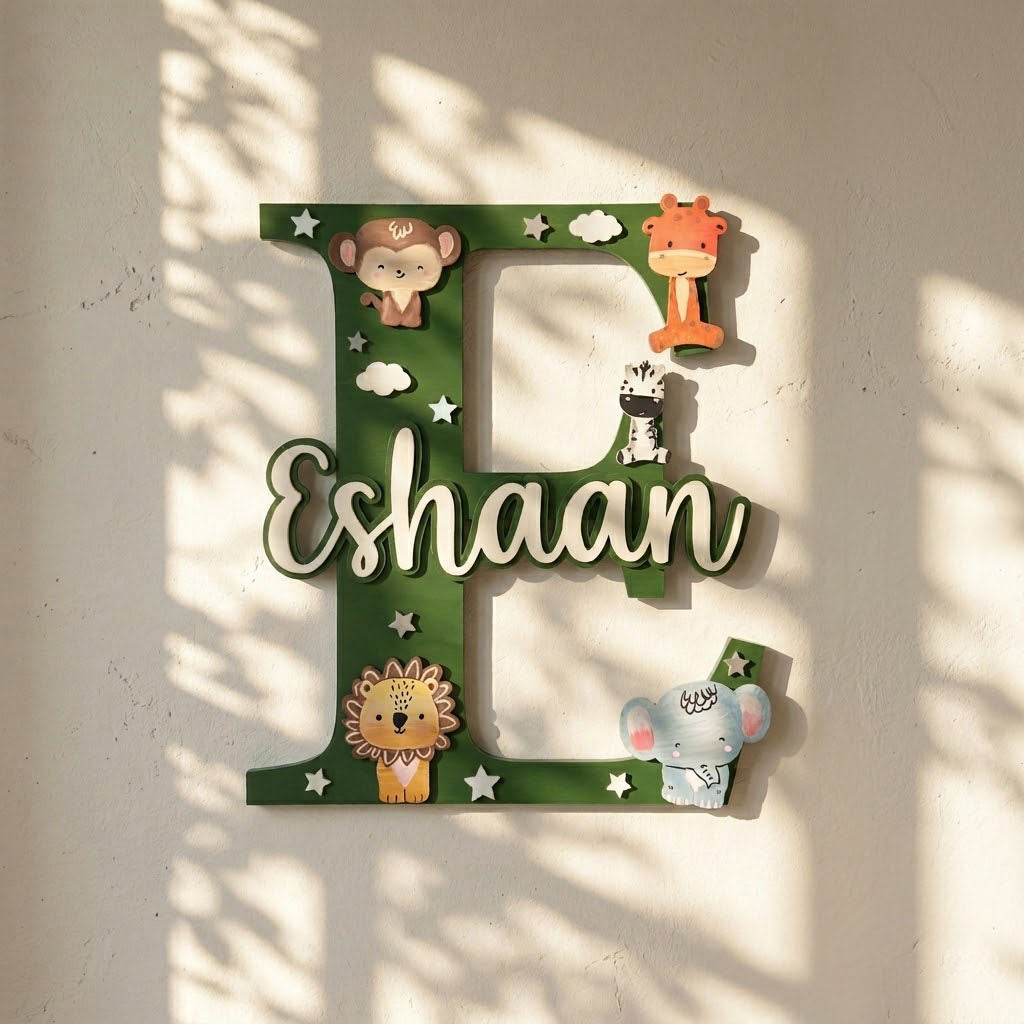 Animal  Themed Layered Alphabet Initial Hand-Painted Wooden Kids Name Plate Design 1
