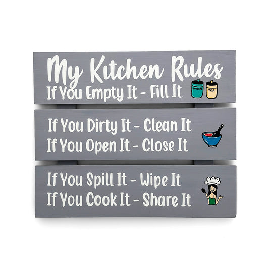 My Kitchen Rules Hand-Painted Wooden Kitchen Wall Hanging - Grey