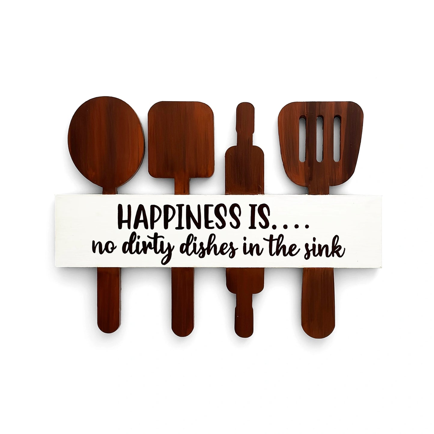 Happiness Is No Dirty Dishes In The Sink Hand-Painted Wooden Utensil Board Kitchen Wall Hanging - Brown