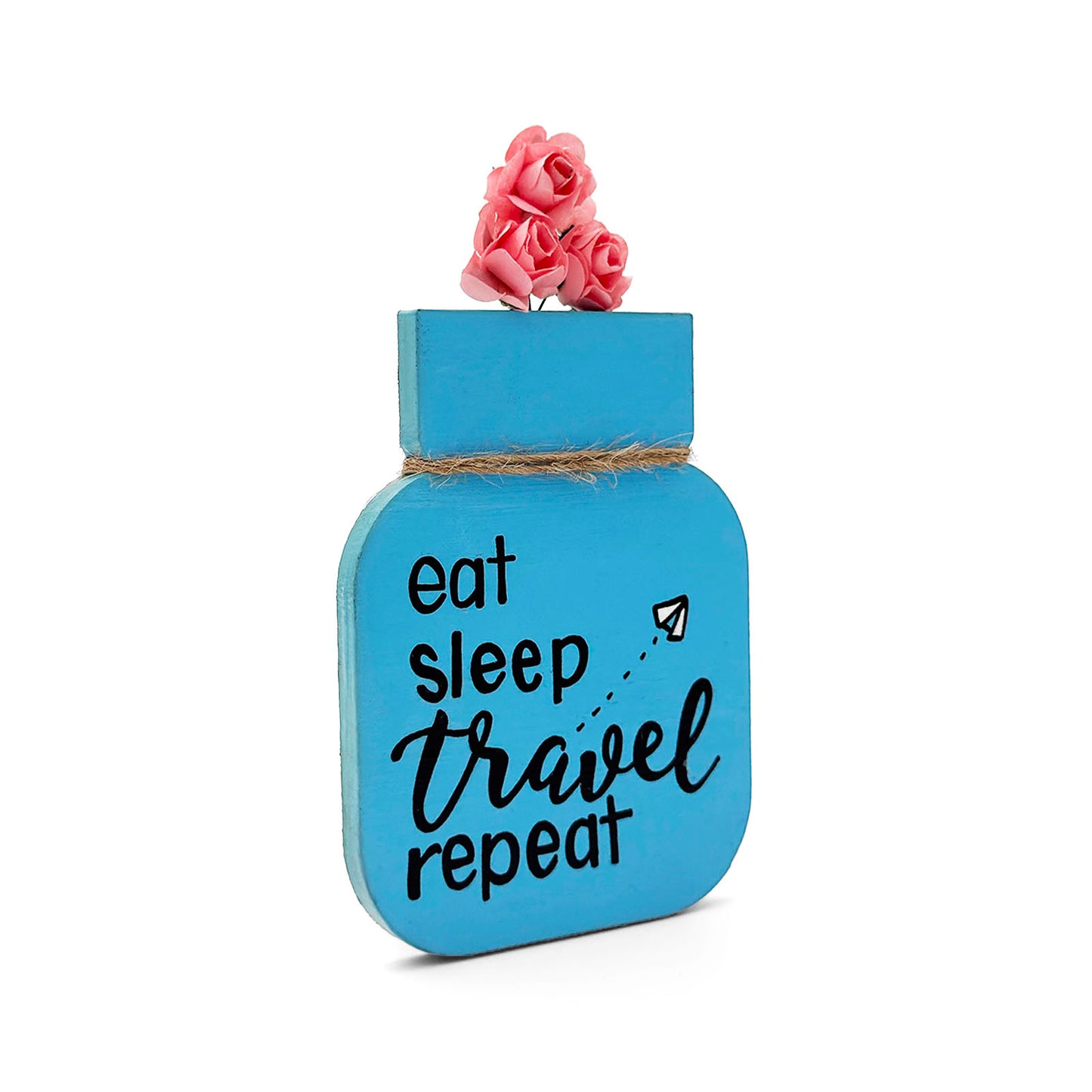 Eat Sleep Travel Repeat Hand-Painted Wooden Mason Jar Fridge Magnet - Light Blue