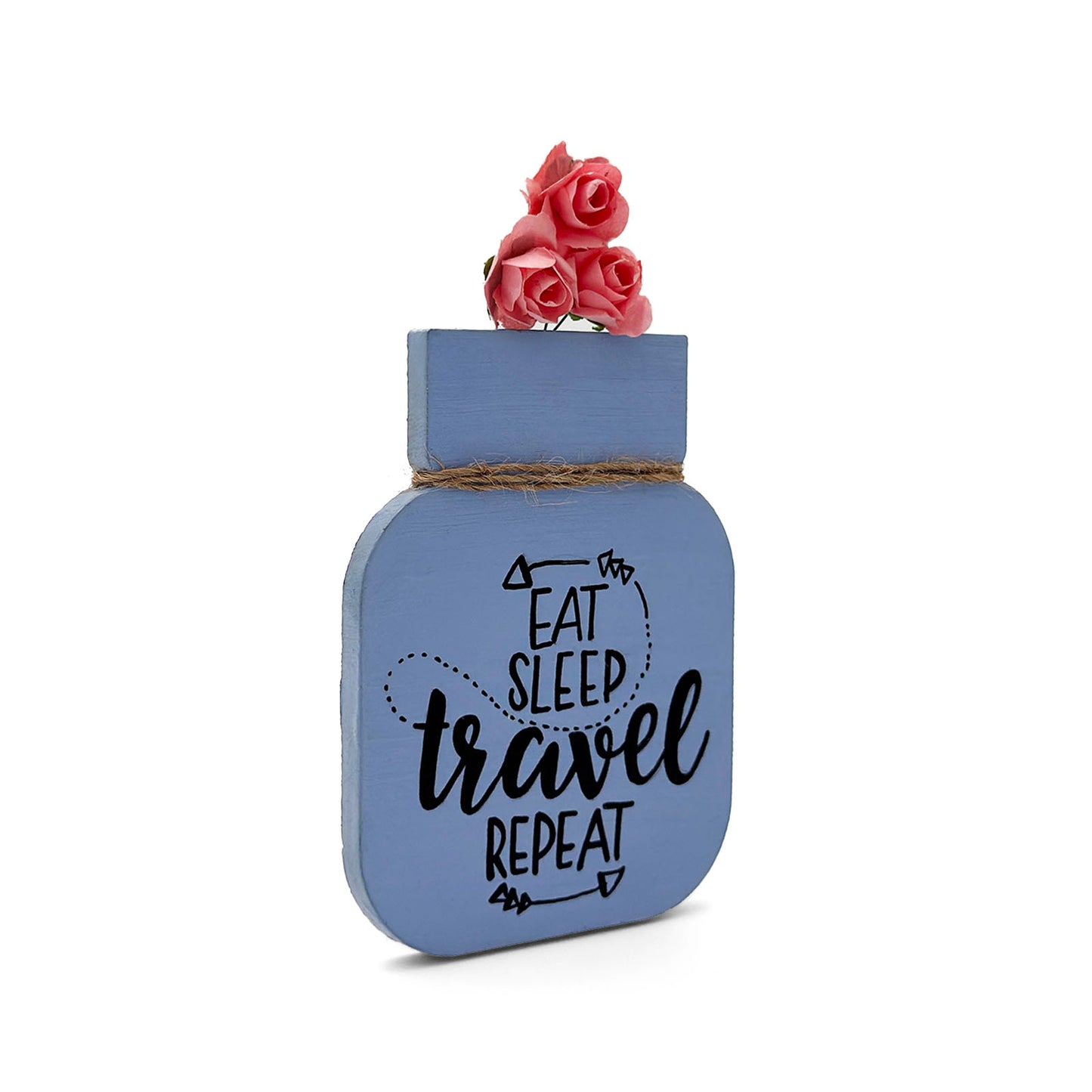 Eat Sleep Travel Repeat Hand-Painted Wooden Mason Jar Fridge Magnet - Blue