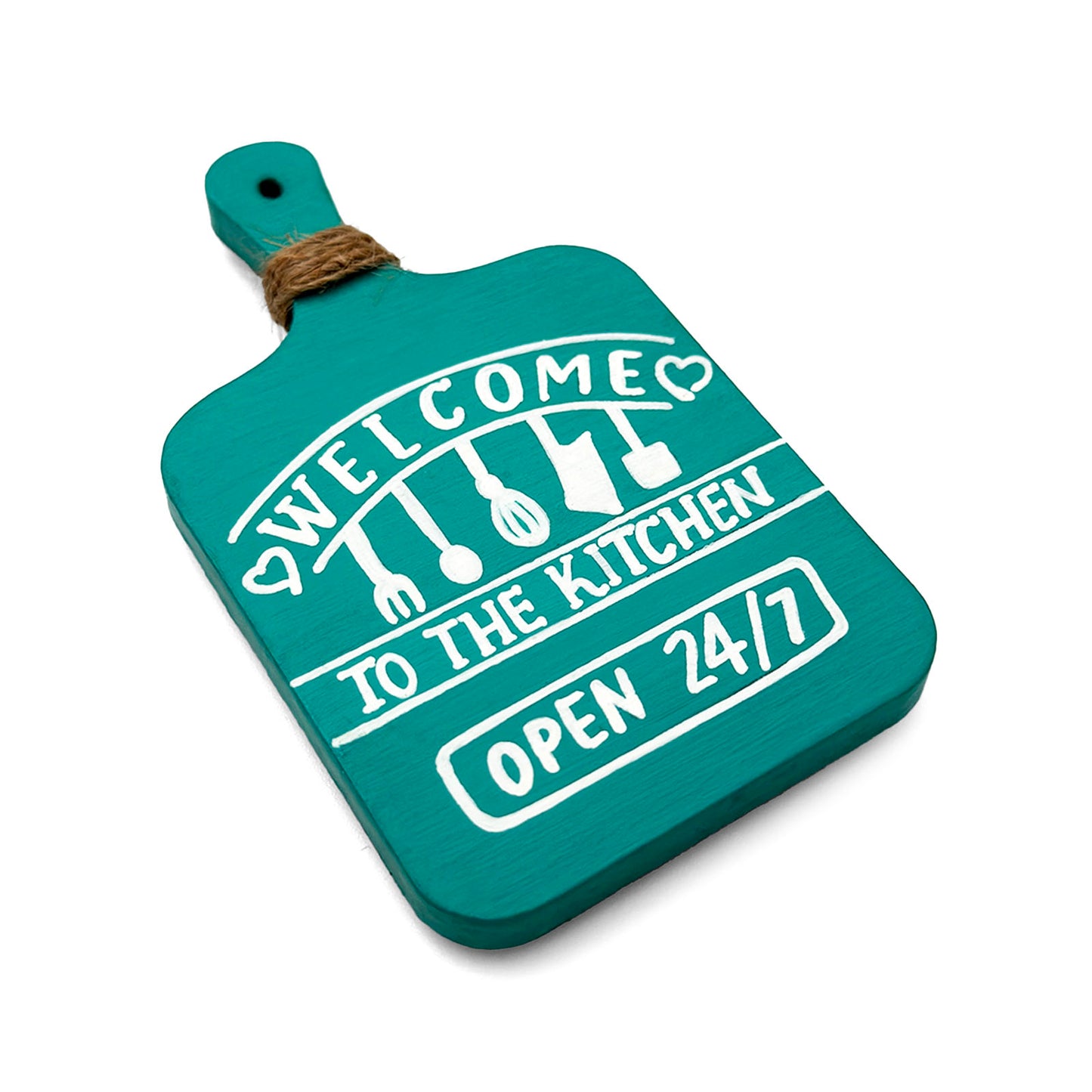 Welcome To My Kitchen Open 24*7 Hand-Painted Wooden Chopping Board Fridge Magnet  - Teal