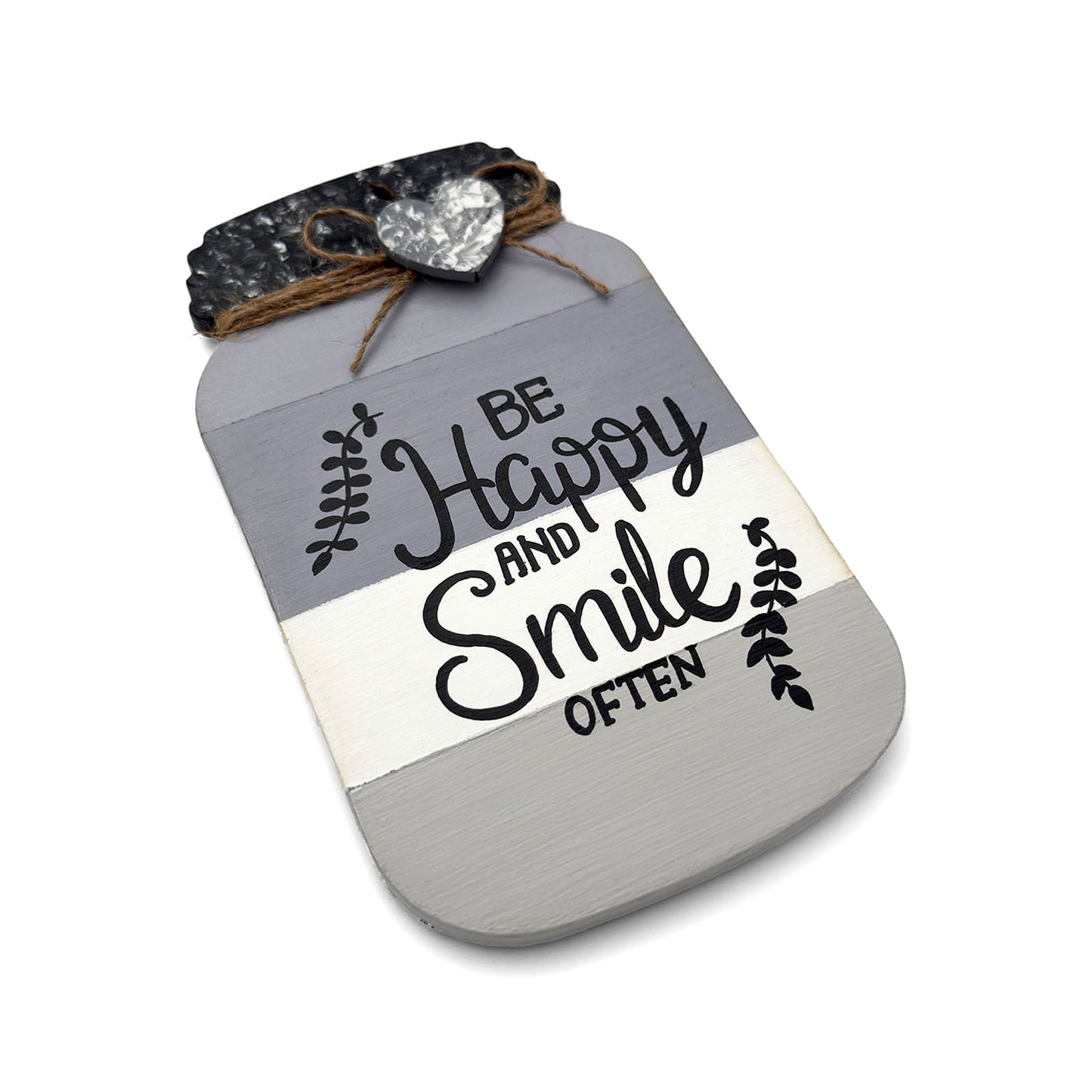 Be Happy And Smile Often Hand-Painted Wooden Mason Jar Fridge Magnet - Grey