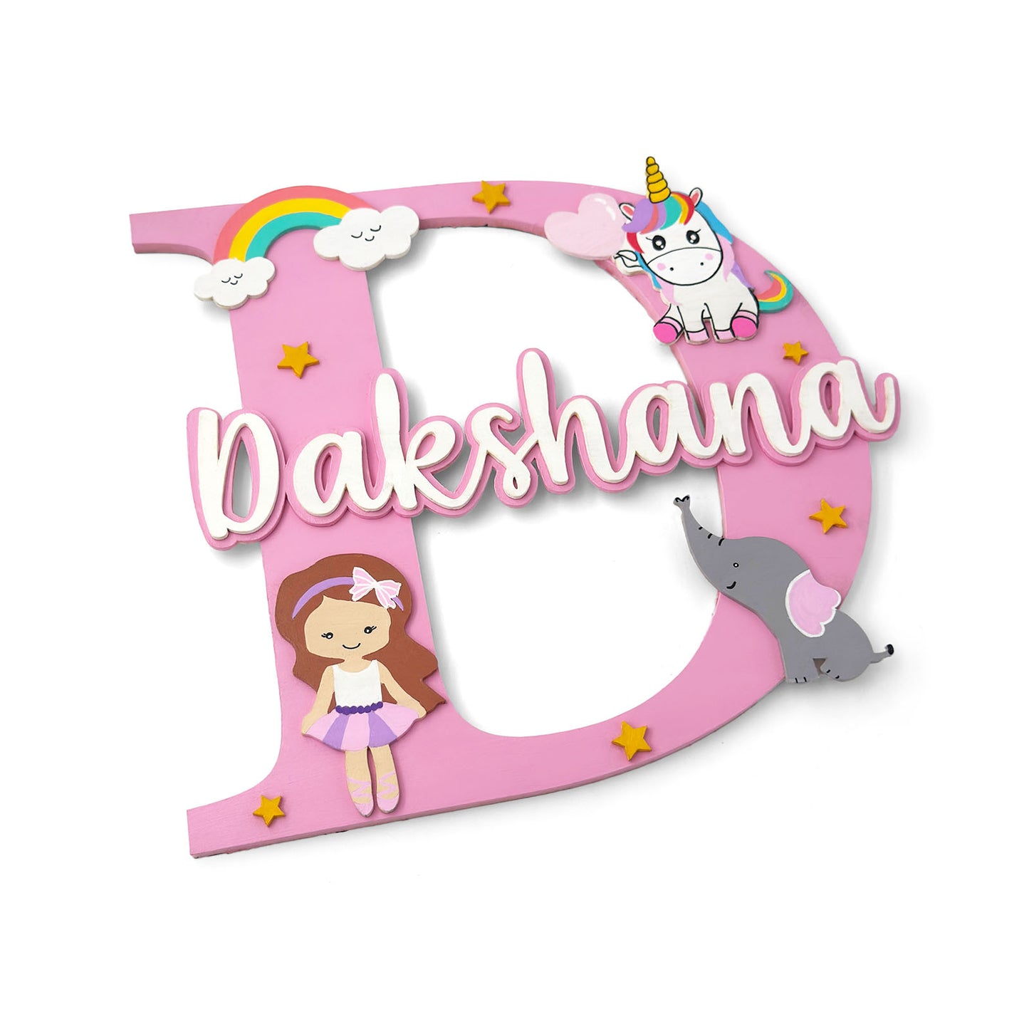 Layered Alphabet Initial Hand-Painted Wooden Kids Name Plate For Girls - Design 1