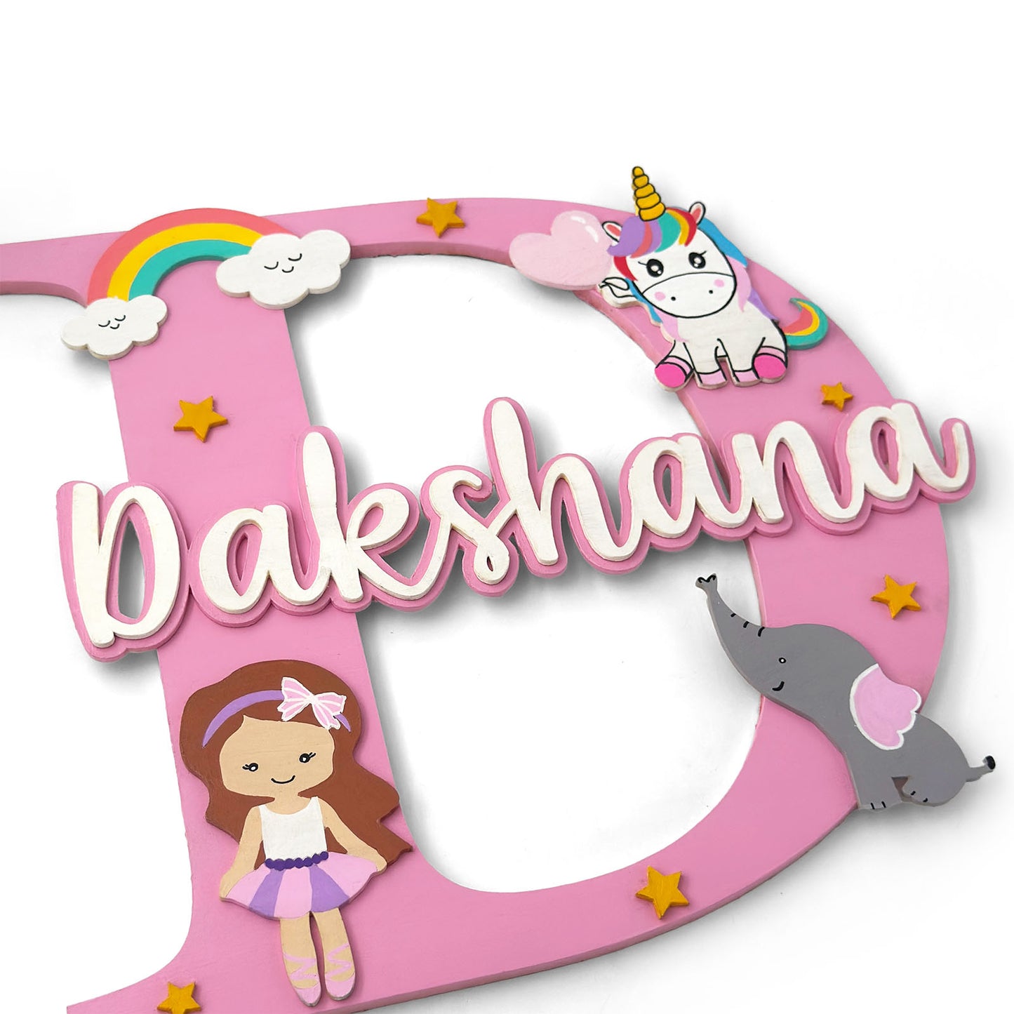 Layered Alphabet Initial Hand-Painted Wooden Kids Name Plate For Girls - Design 1