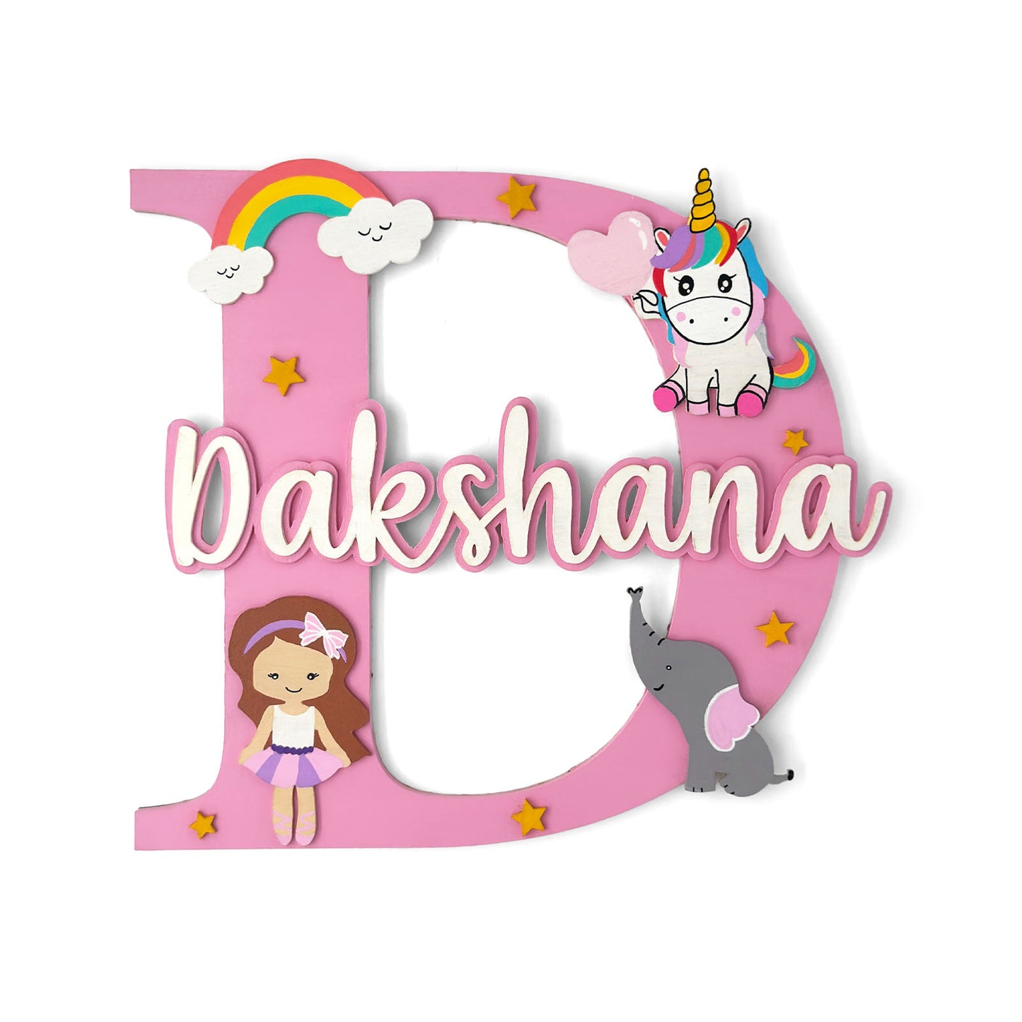 Layered Alphabet Initial Hand-Painted Wooden Kids Name Plate For Girls - Design 1