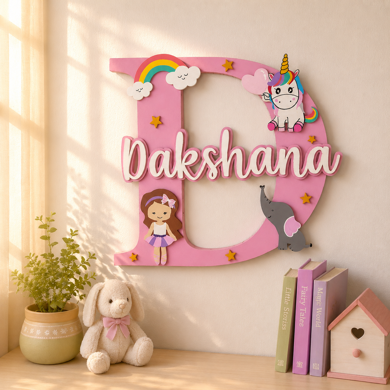 Layered Alphabet Initial Hand-Painted Wooden Kids Name Plate For Girls - Design 1