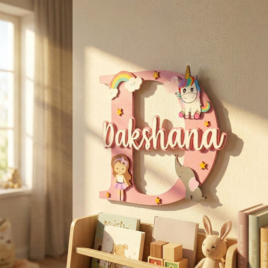 Layered Alphabet Initial Hand-Painted Wooden Kids Name Plate For Girls - Design 1