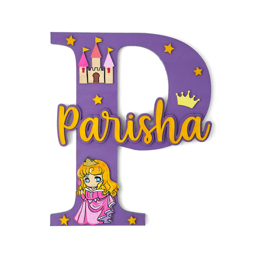 Princess Themed Layered Alphabet Initial Hand-Painted Wooden Kids Name Plate Design 1
