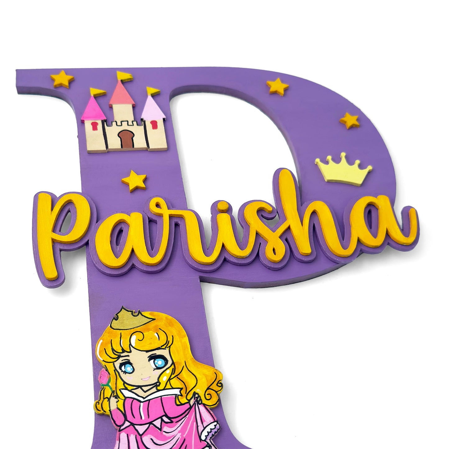 Princess Themed Layered Alphabet Initial Hand-Painted Wooden Kids Name Plate Design 1