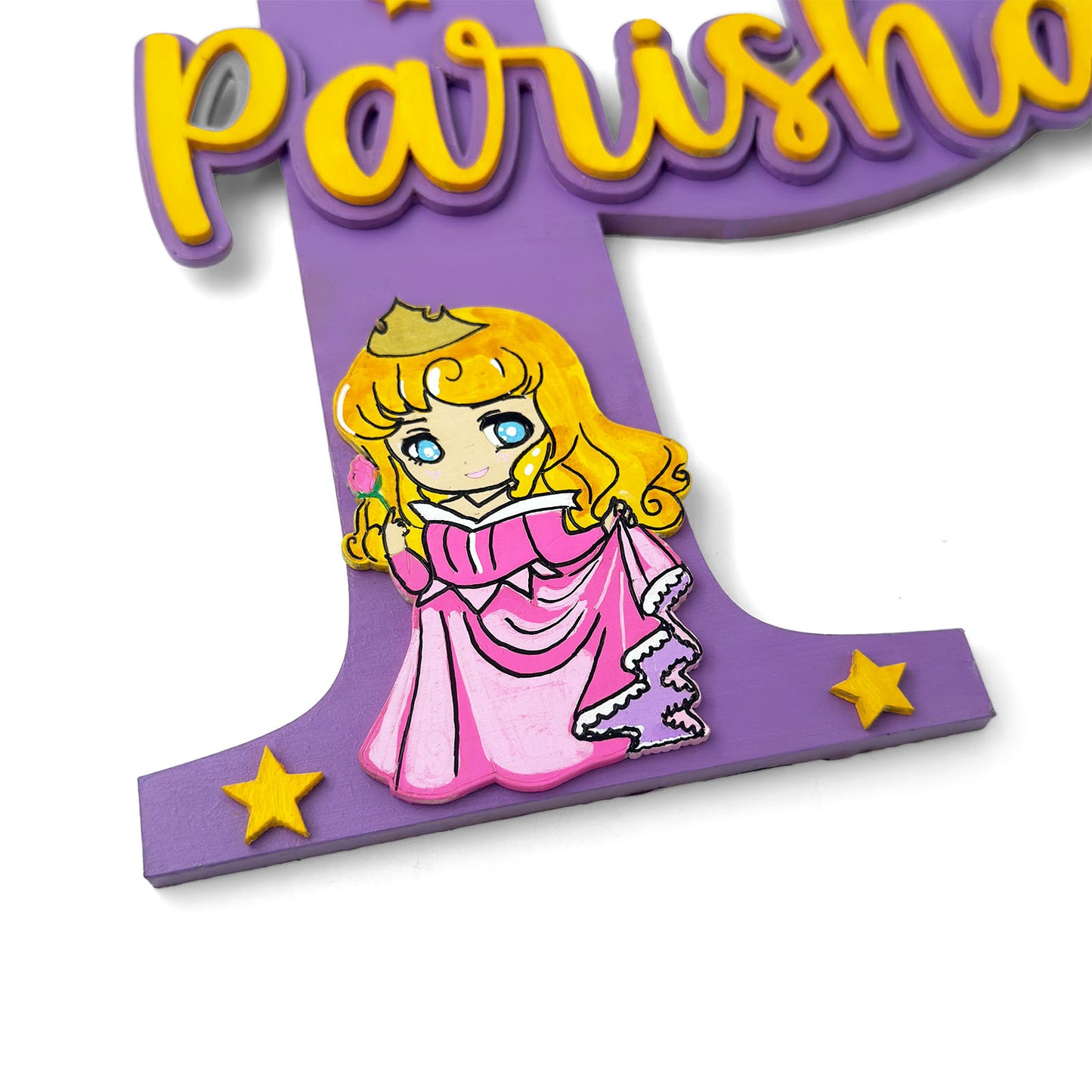 Princess Themed Layered Alphabet Initial Hand-Painted Wooden Kids Name Plate Design 1