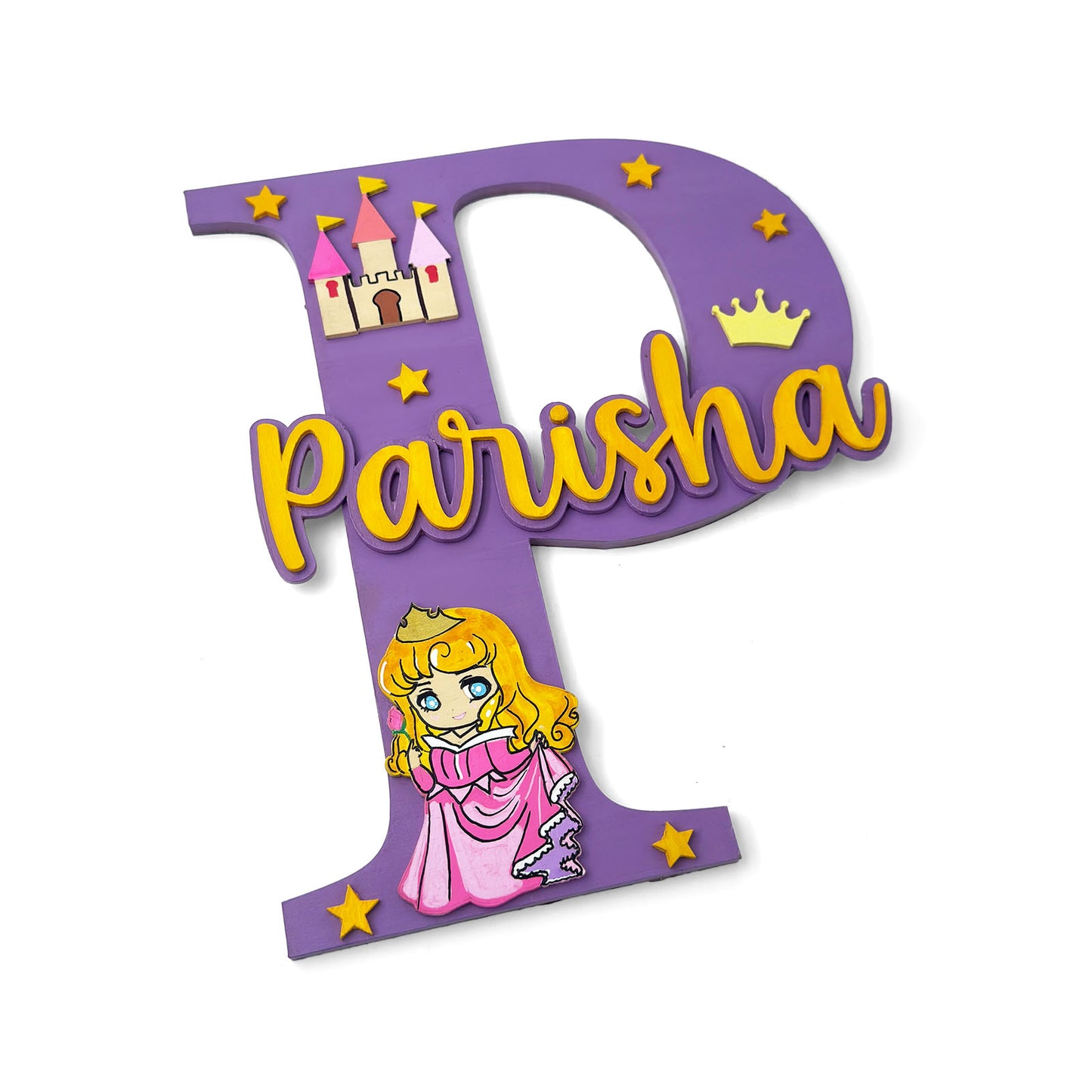 Princess Themed Layered Alphabet Initial Hand-Painted Wooden Kids Name Plate Design 1