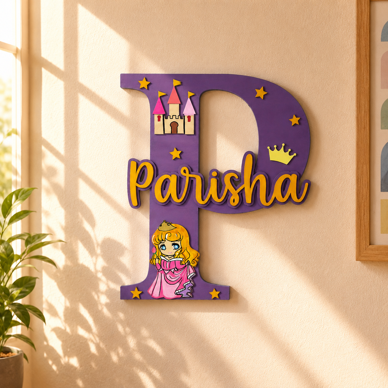 Princess Themed Layered Alphabet Initial Hand-Painted Wooden Kids Name Plate Design 1