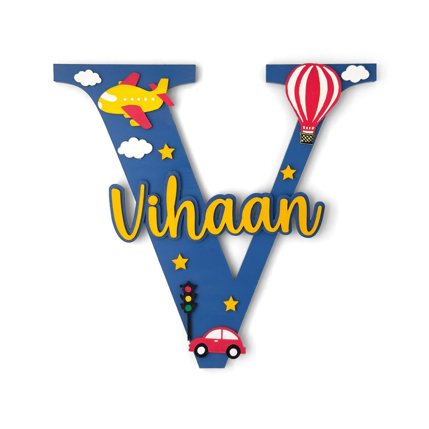 Vehicles Themed Layered Alphabet Initial Hand-Painted Wooden Kids Name Plate Design 1