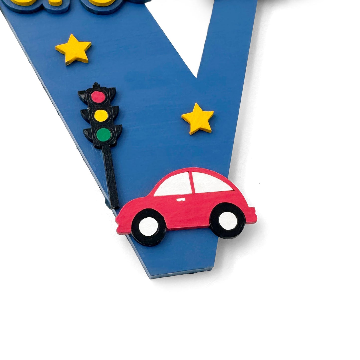 Vehicles Themed Layered Alphabet Initial Hand-Painted Wooden Kids Name Plate Design 1