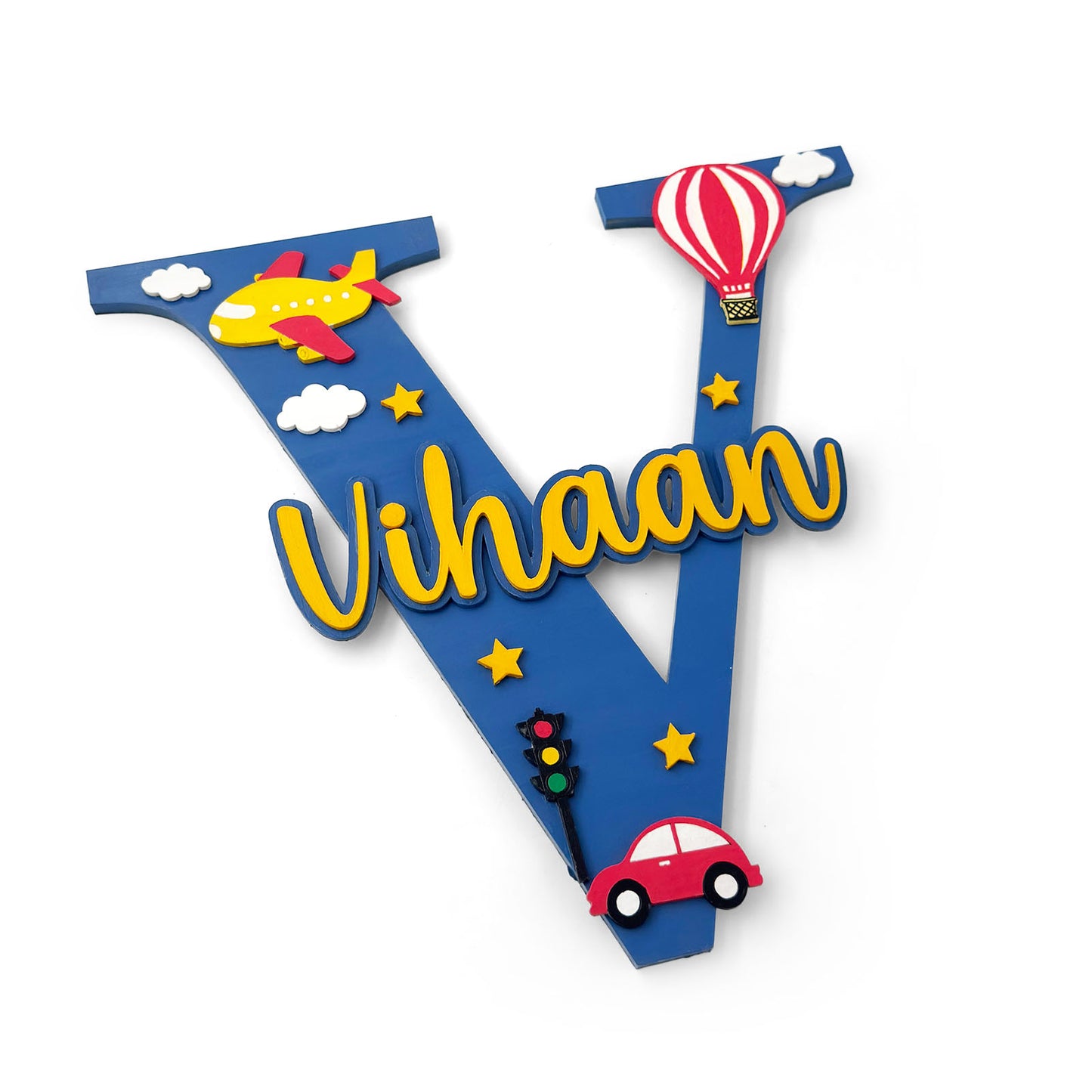 Vehicles Themed Layered Alphabet Initial Hand-Painted Wooden Kids Name Plate Design 1