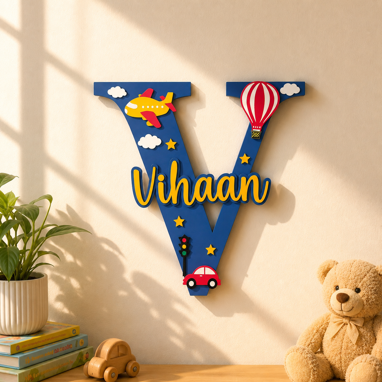 Vehicles Themed Layered Alphabet Initial Hand-Painted Wooden Kids Name Plate Design 1