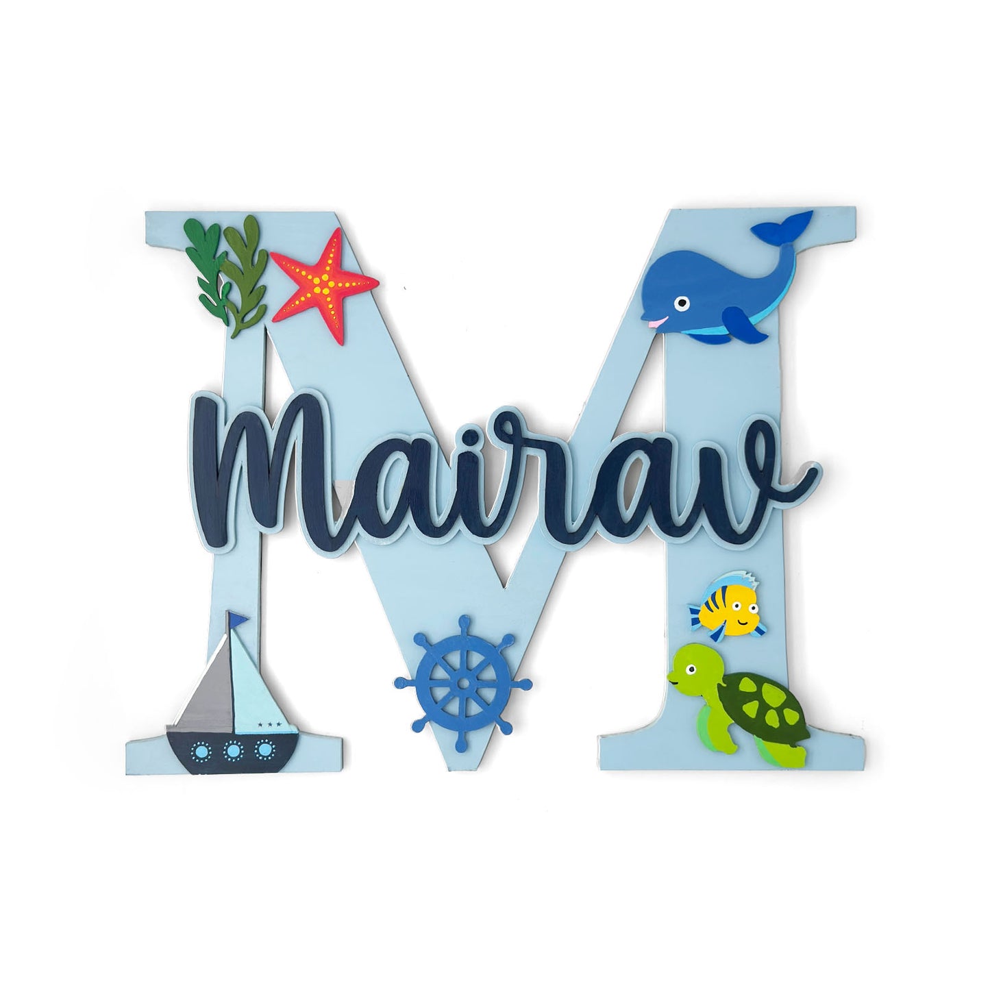 Ocean Themed Layered Alphabet Initial Hand-Painted Wooden Kids Name Plate Design 1