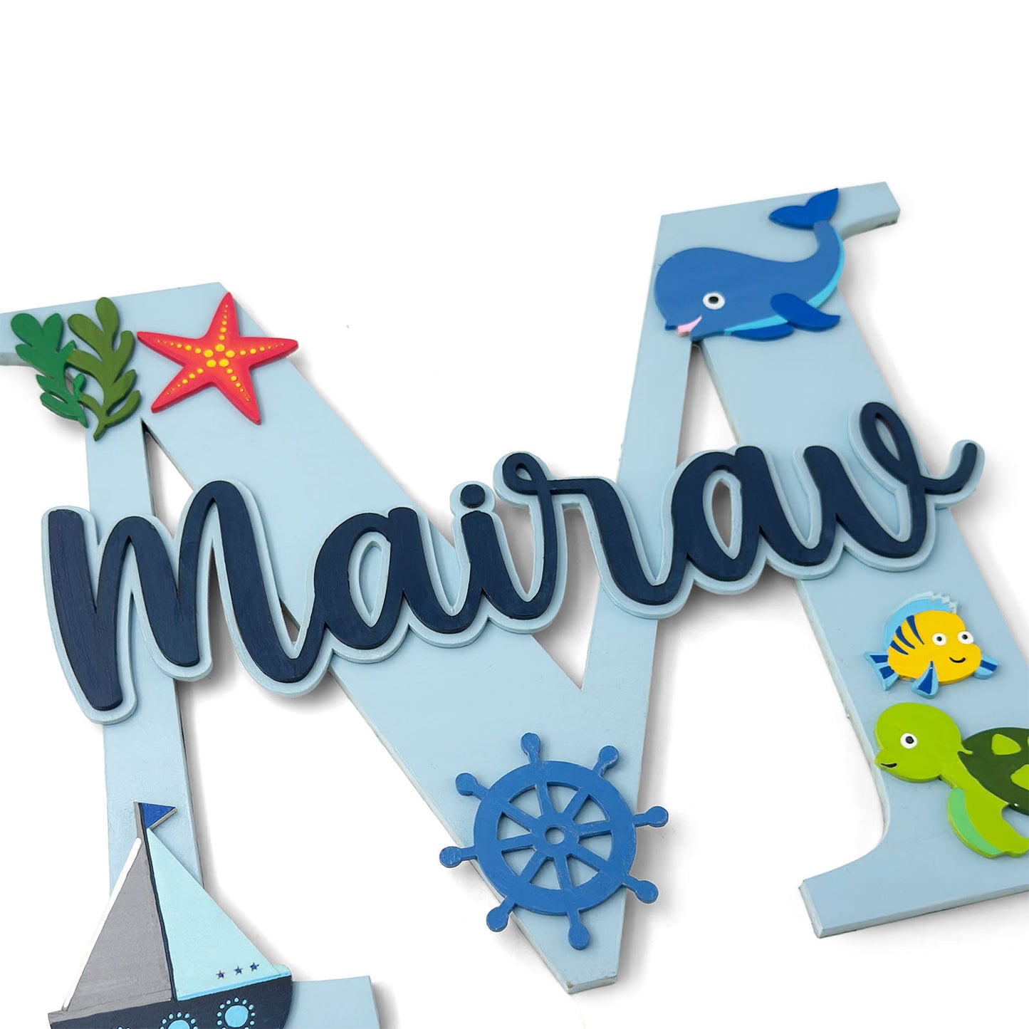 Ocean Themed Layered Alphabet Initial Hand-Painted Wooden Kids Name Plate Design 1