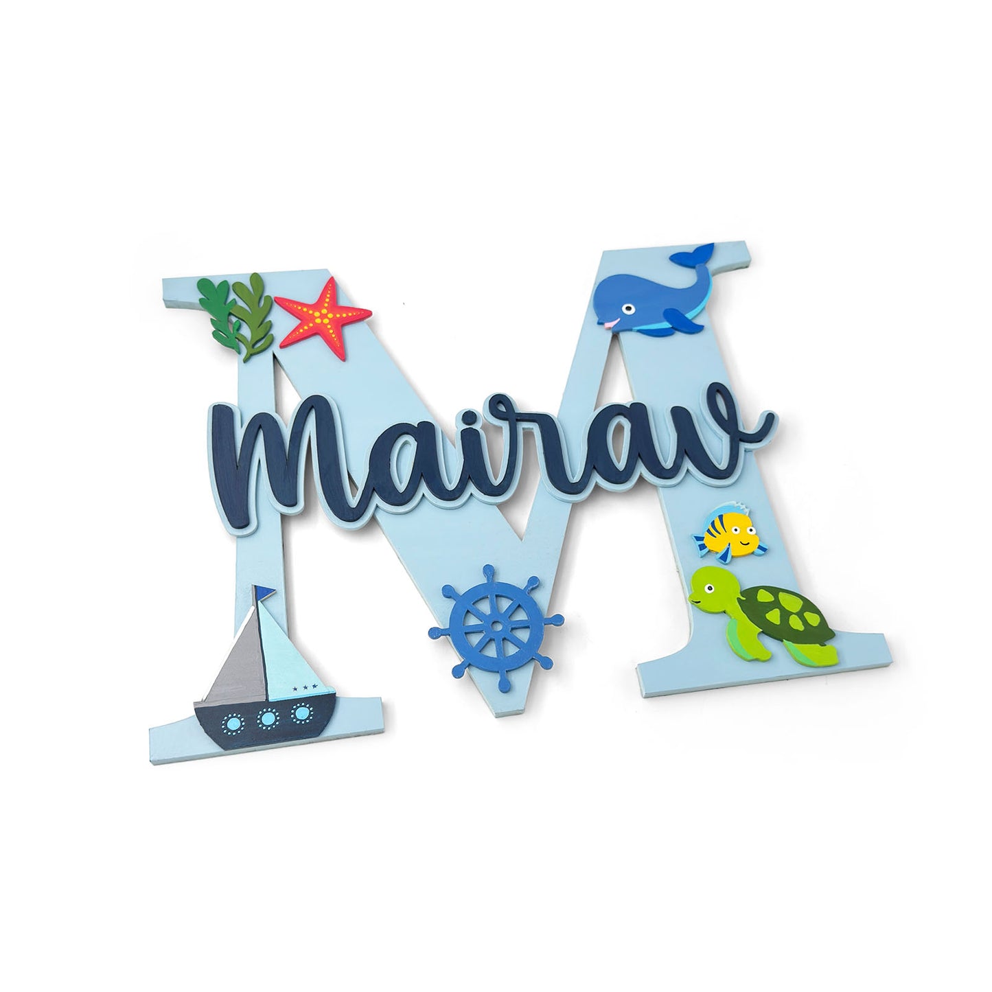 Ocean Themed Layered Alphabet Initial Hand-Painted Wooden Kids Name Plate Design 1