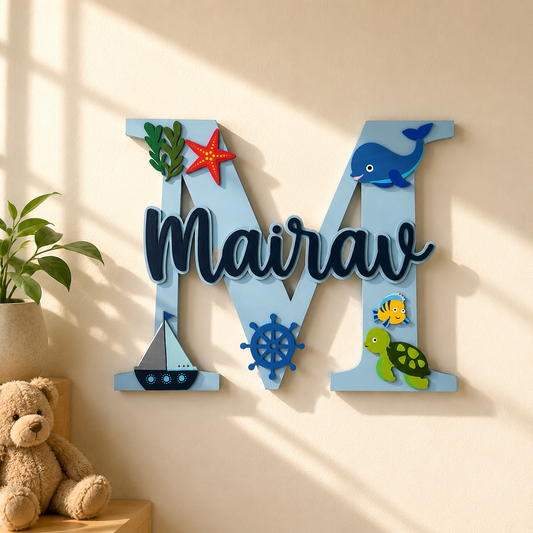 Ocean Themed Layered Alphabet Initial Hand-Painted Wooden Kids Name Plate Design 1