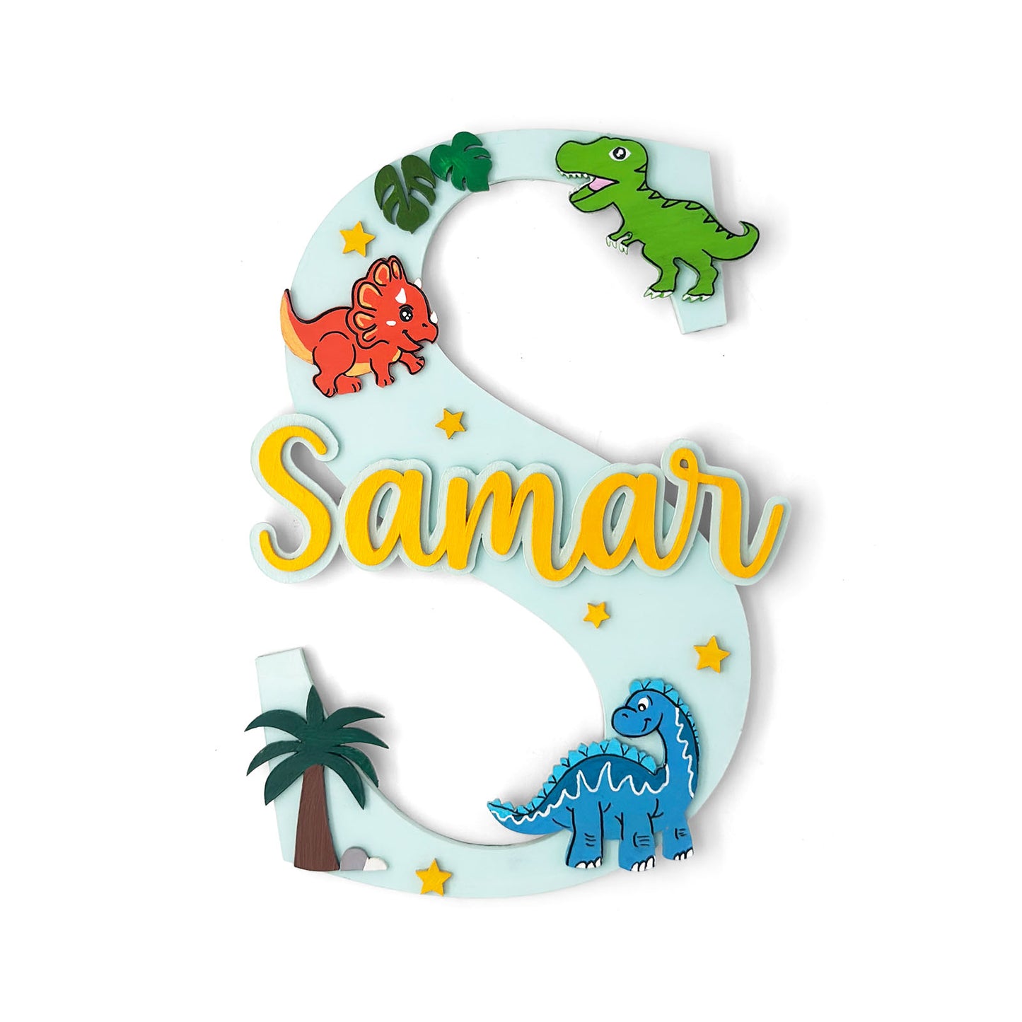 Dinosaur Themed Layered Alphabet Initial Hand-Painted Wooden Kids Name Plate Design 1